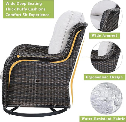 Rilyson Wicker Rocking Chair Swivel Chairs – 6 Piece Rocker Patio Furniture Set Rattan Rocking Bistro Sets with Glass Top Side Table for Outdoor Porch Deck Garden Backyard(Brown/Beige)