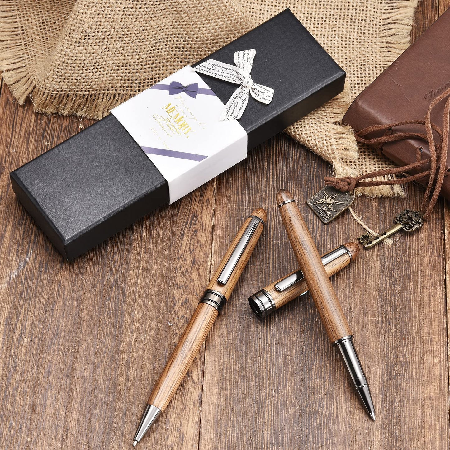 Glovion Wood Ballpoint Pen Set 2 Pack, Fancy Wooden Pens and Rollerball Pen for Men Extra 4 Ink Refills (2 Blue & 2 Black) Nice Writing Pen Sets Gift for Business Journaling Executive Signature