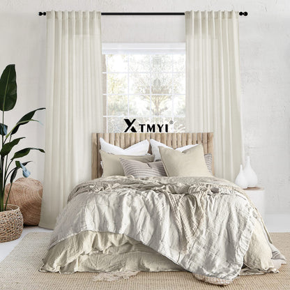 XTMYI Linen Cotton Farmhouse Curtains for Living Room Bedroom 84 Inches Long Two Sheer Hook Belt Pleated Back Tab Birch Off White Ivory Neutral Boho Sour Cream Curtain Drapes 84 Length 2 Panels Set