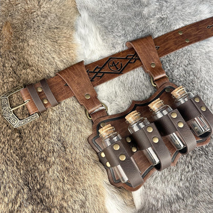 HiiFeuer Medieval Embossed Alchemy Faux Leather Buckle Belt with 4 Cork Vials, Fantasy Wizard Potion Bottles Belt (Brown B)