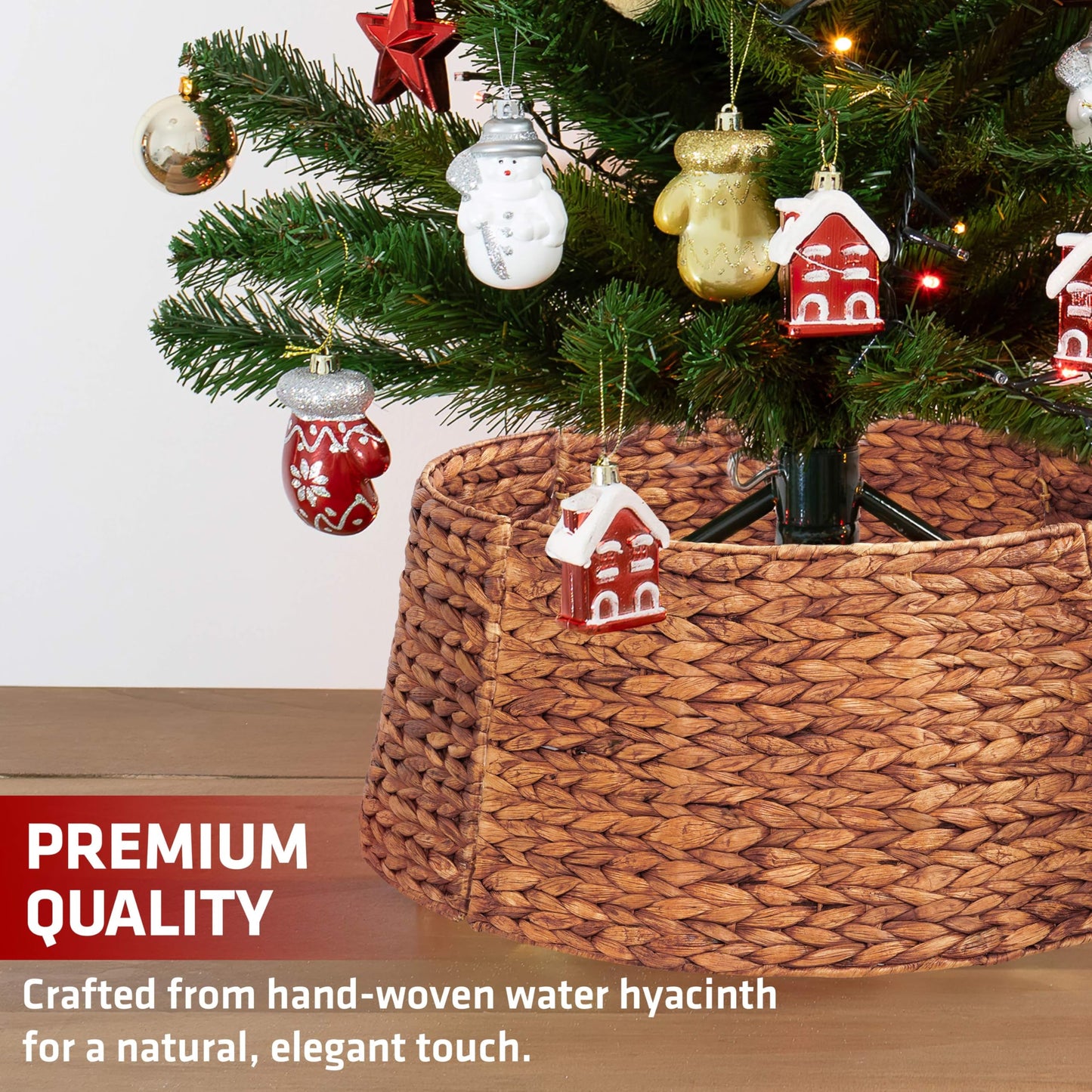 MIXUMON Handmade Water Hyacinth Christmas Tree Collar 24" – Rustic Basketweave Tree Base Cover, Eco-Friendly Skirt Alternative with Cord Cut-Out (Brown, 24 in)