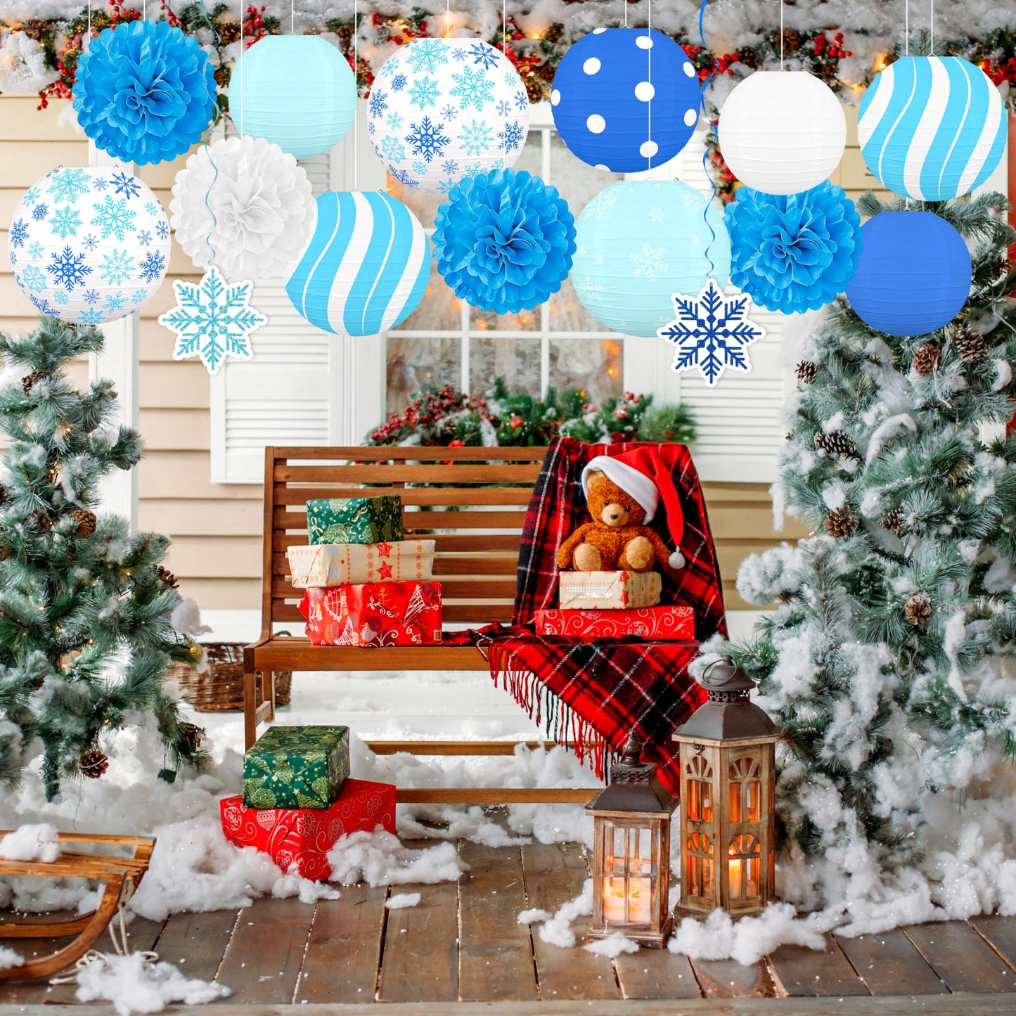 Renbuzhu 15PCS Winter Wonderland Decorations Paper Lanterns Pom Poms Hanging Swirls Christmas Holiday Hanging Decor for Home Birthday Outdoor Indoor