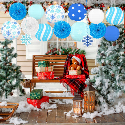 Renbuzhu 15PCS Winter Wonderland Decorations Paper Lanterns Pom Poms Hanging Swirls Christmas Holiday Hanging Decor for Home Birthday Outdoor Indoor