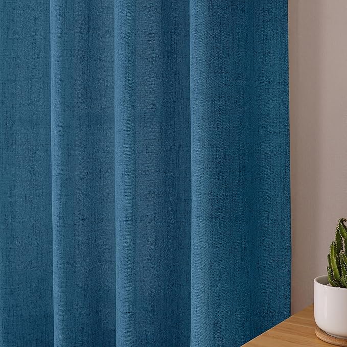 Tollpiz Short Linen Tier Curtains Rod Pocket Semi Sheer Half Kitchen Curtain Burlap Light Filtering Thick Linen Drapes for Bathroom, 30 x 24 inches Long, Classic Blue, Set of 2 Panels