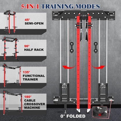 Power Cage, Folding Power Rack, 2000LBS Wall Mounted Squat Rack with Cable Pulley System, Landmine Attachment and Multi-Grip for Home Gym Small Space