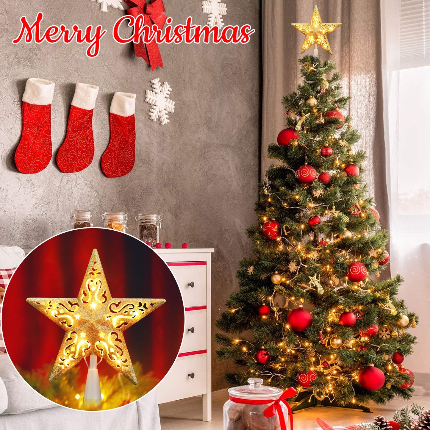 Brizled Gold Christmas Tree Topper, 8” 3D Christmas Star Topper, Glittered Hollow Xmas Tree Topper with 10 Warm White Lights, UL Certified Lighted Xmas Star Treetop for Holiday Home Decoration