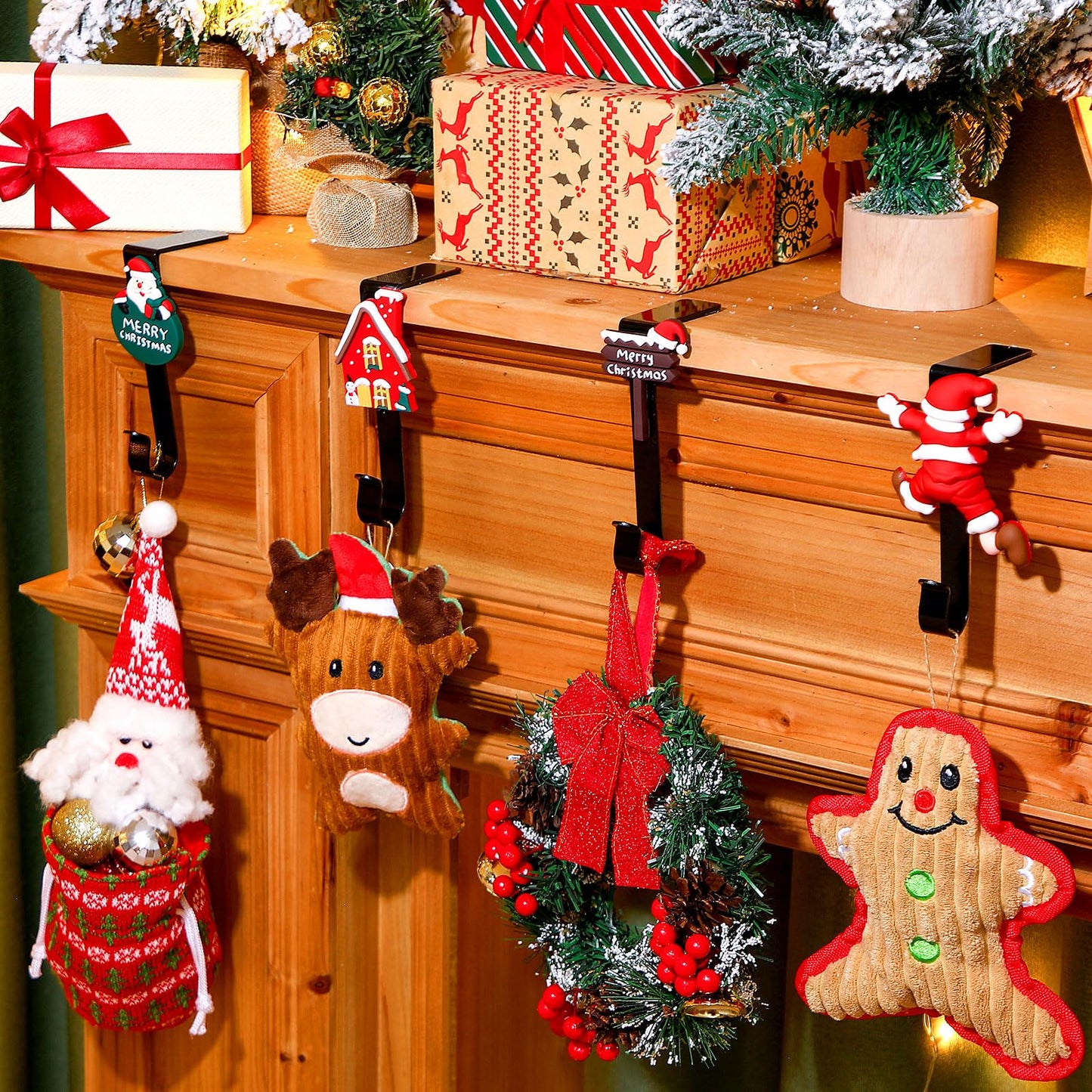 Hicarer Set of 6 Christmas Stocking Hooks for Mantle, Metal Holders for Hanging Stockings, Stocking Hangers for Fireplace for Christmas Decorations (Santa)