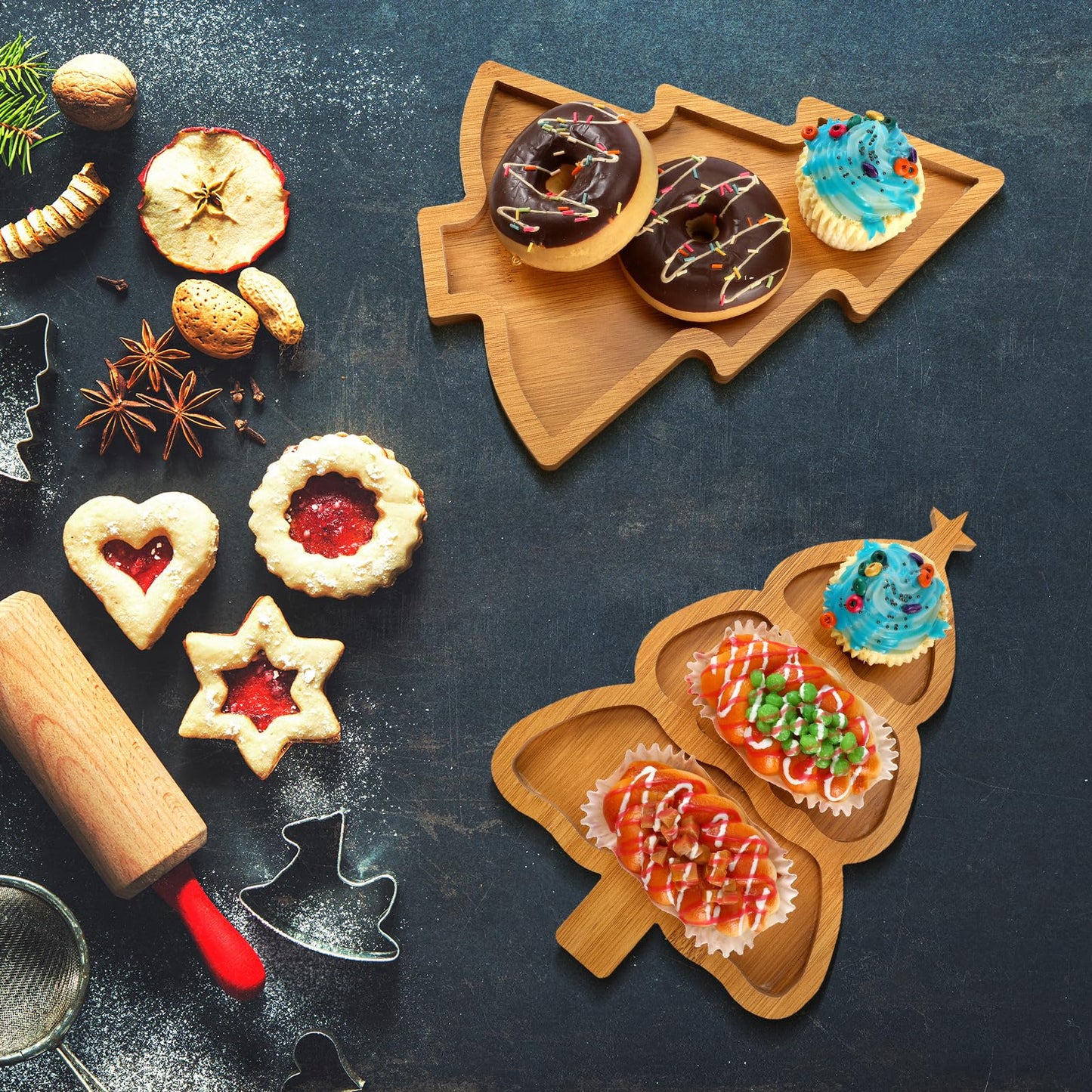 Bencailor 3 Pcs Christmas Wooden Serving Tray Christmas Tree Plates Dishes Charcuterie Board Dinner Tray for Xmas Home Party Dinnerware Supplies(Xmas Tree)
