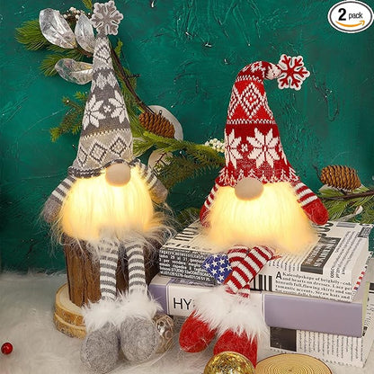 Juegoal 2 Pack Lighted Christmas Gnomes with Dangling Legs, 19.5Inch Handmade Scandinavian Swedish Tomte, Battery Operated Winter Tabletop Christmas Decorations Collectible Figurines