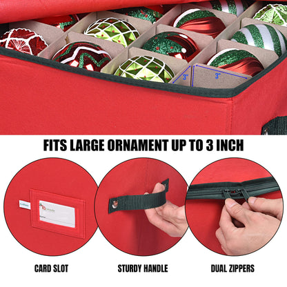 Primode Christmas Ornament Storage Box, 4 Individual Trays Xmas Storage Container, Fits 64 Ornaments Decoration Balls, Constructed of Durable Polyester Material (Red)