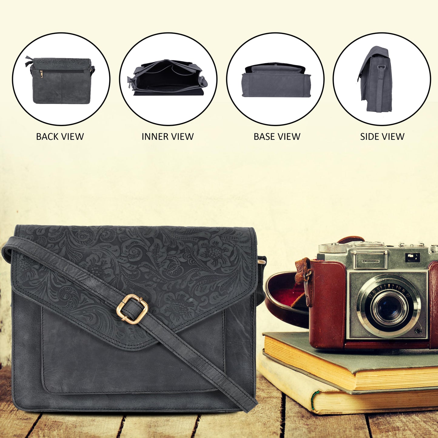 Leather Flapover Crossbody Handbag Purse for Women with Adjustable Strap & Overflap Snap Closure Tote/Bag (E.Black Hunter)