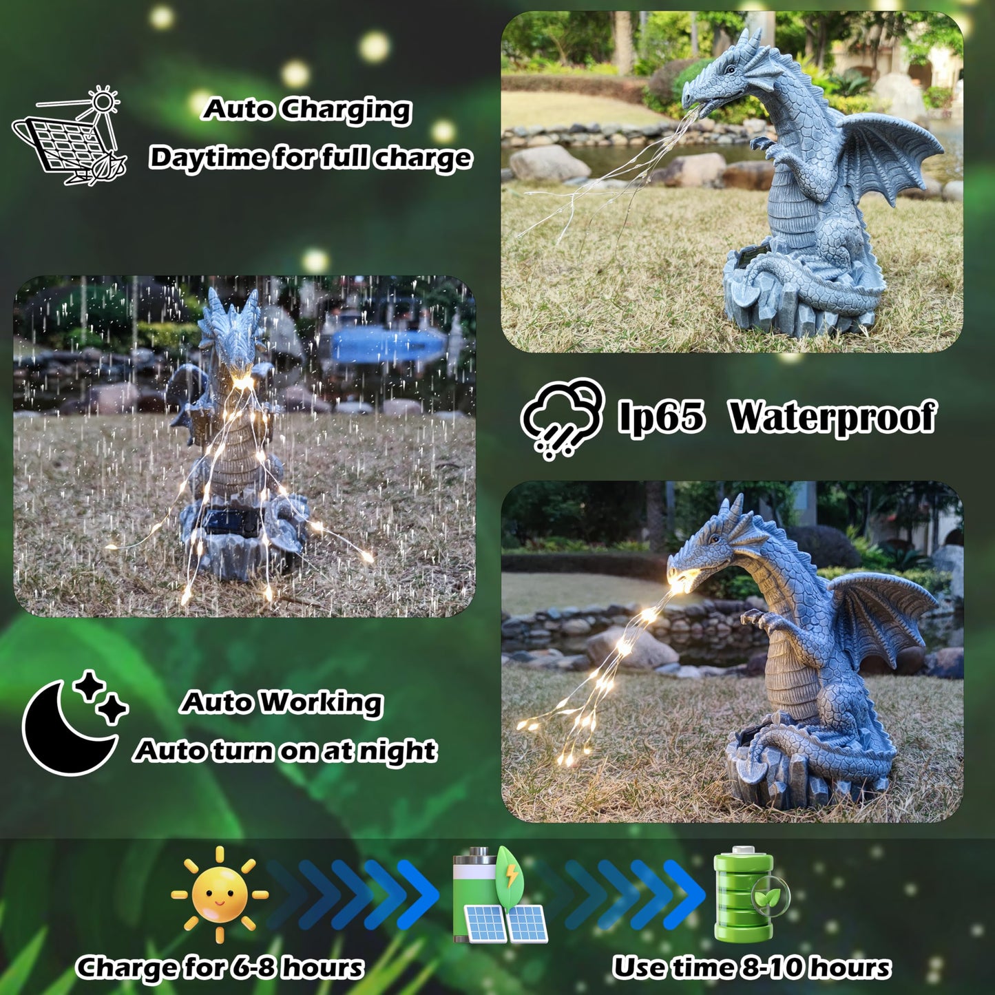 RCTTICUU Solar Dragon Garden Statues Outdoor Lights Watering Decor, Resin Dragon Figurine with 30 LED String Lights Lawn Patio Balcony Art Decoration,Housewarming, Birthday,Mothers Day Mom Gifts