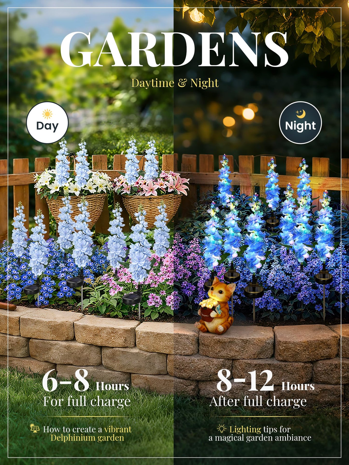 GIGALUMI Solar Lights Outdoor for Garden Decor, 3 Pack Solar Flower Lights Waterproof, 2 Lighting Modes Delphinium for Pathway,Yard, Patio Decoration, Gardening Gifts for Women (Blue)