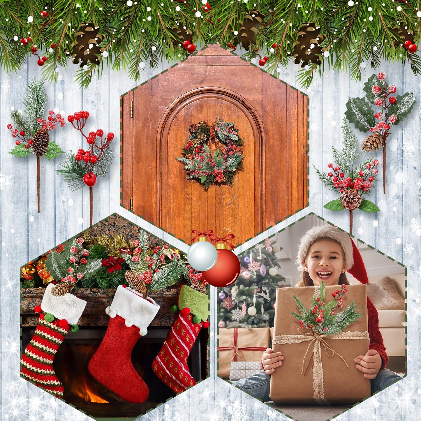 Cindeer 16 Pieces Christmas Artificial Pine Picks, 11 Inch Assorted Red Fruit Floral Picks Stems Berry Holly Berry Branches Pine Picks and Sprays for Xmas Floral Tree Christmas Wreath Winter Holiday