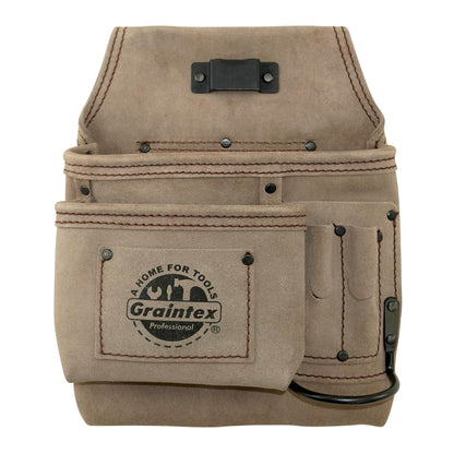 Graintex 5 Pocket Nail & Tool Pouch Suede Leather for Constructors, Electricians, Plumbers, Handymen (Beige, Left Handed)