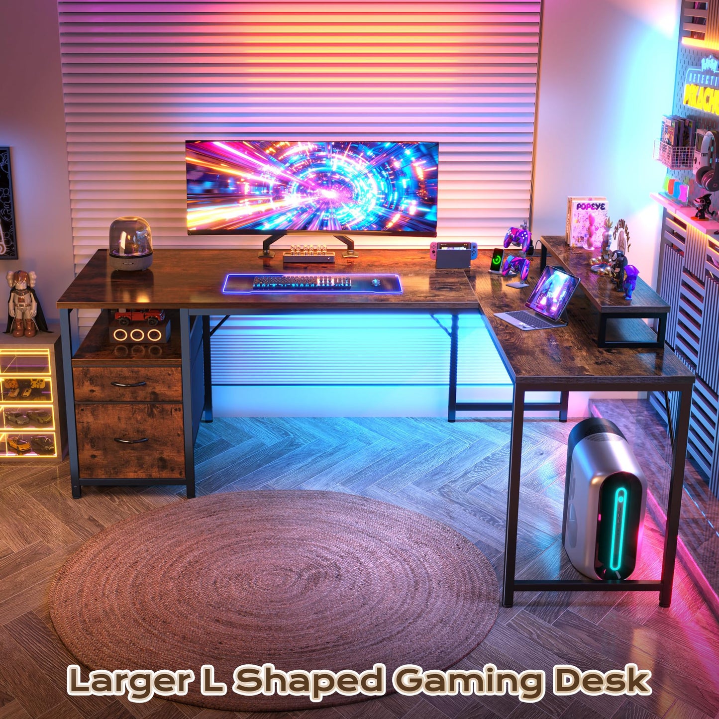 PRAISUN 55 Inch L Shaped Desk with Power Outlets and USB-C Port, Computer Corner Home Office Desk with File Fabric Drawers and Movable Monitor Stand, Larger Storage for Gaming, Study, Rustic Brown