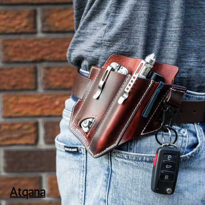 Multitool Sheath for Belt (Premium Leather) - EDC Pocket Organizer | Leatherman Holster | Handmade Leather Multitool Pouch and Pen Holder, Flashlight Sheath, Key Fob Clip by ATQANA® (Extra Dark Brown)