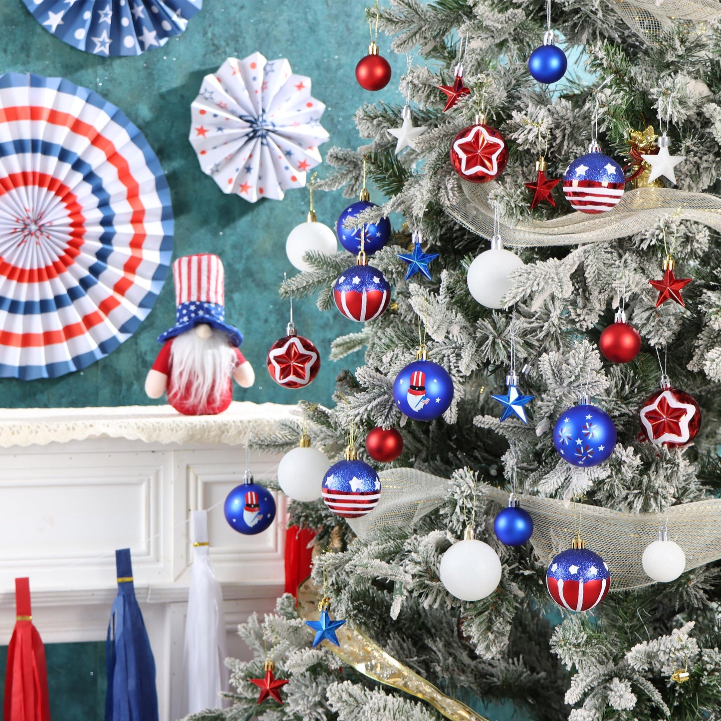 100Pcs 4th of July Tree Decorations Patriotic Ornaments, 2.36'' Memorial Day Red White Blue Ornaments and Star, Shatterproof American Hanging Ball Decor for Independence Day USA 250th Holiday