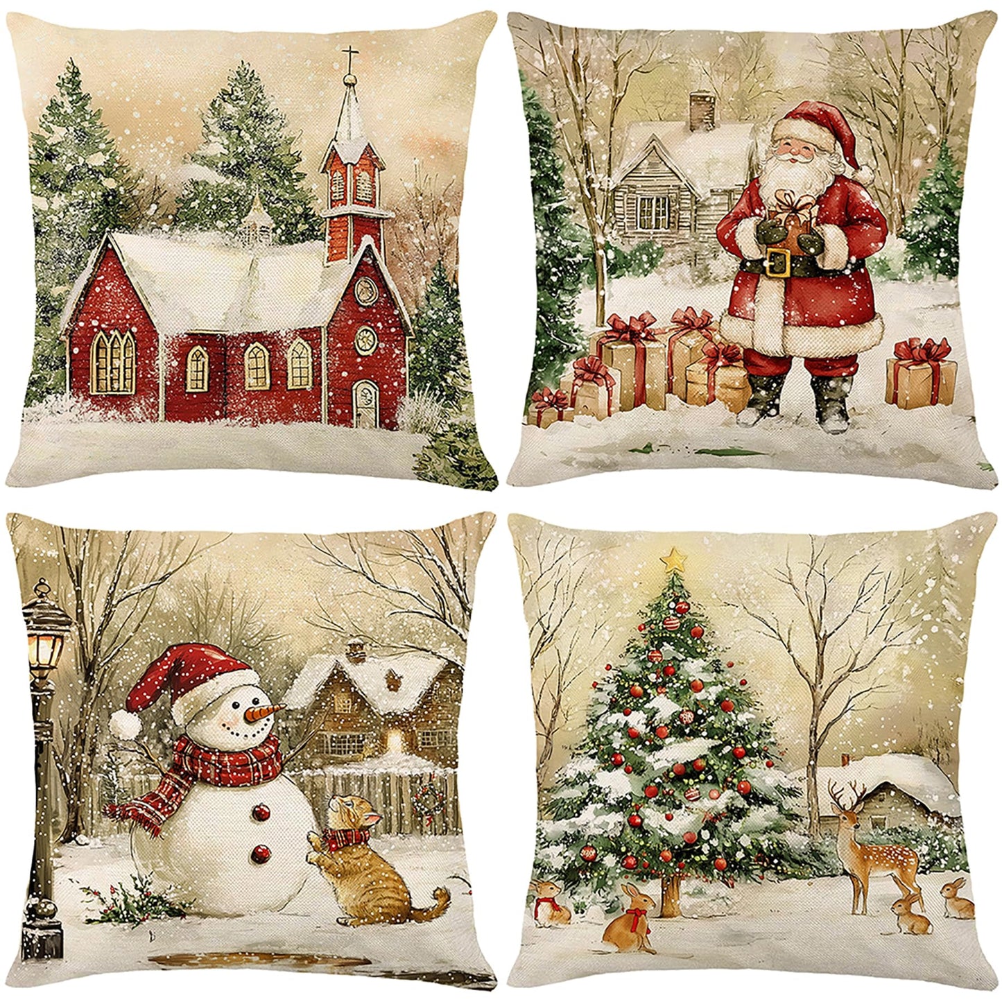 Ni-JASW Rustic Farmhouse Christmas Throw Pillow Covers 18x18 inch Set of 4, Snowy Church Santa Snowman Cushion Cases for Couch Sofa Bed Holiday Decor