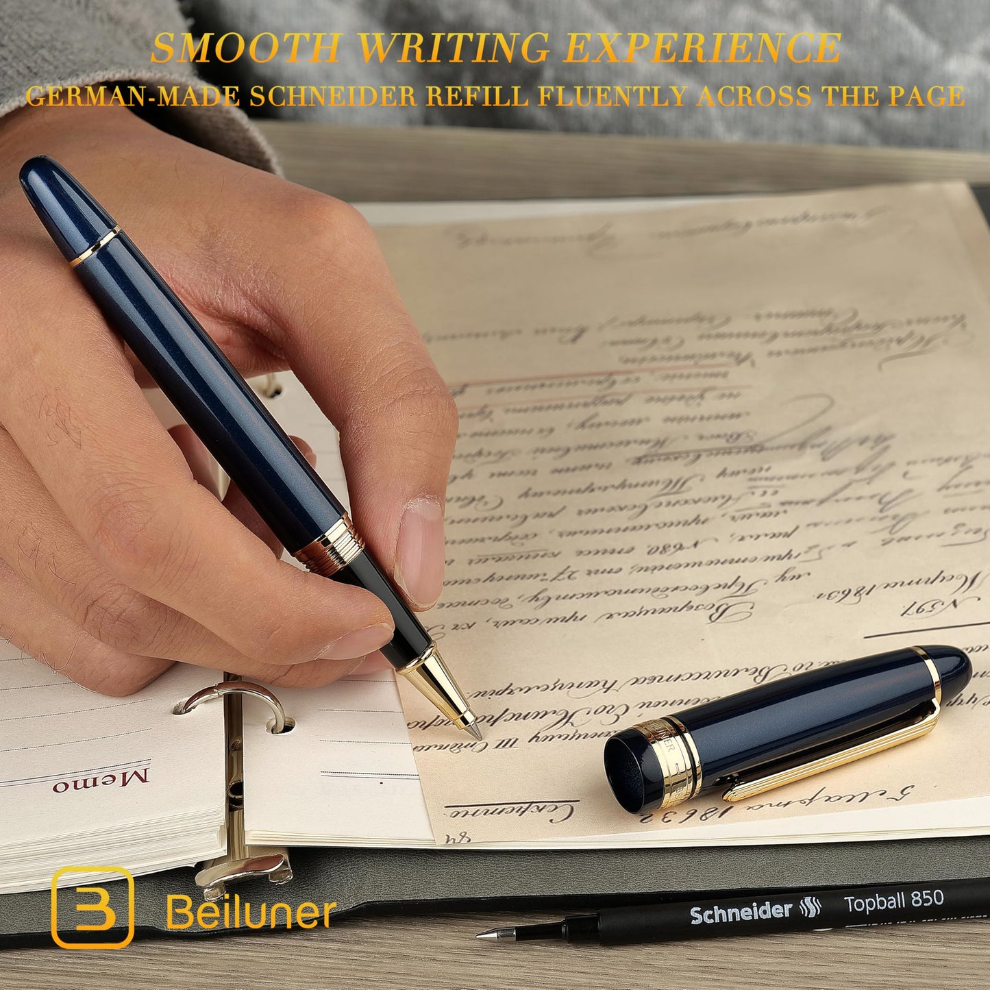 BEILUNER 319 Piano Blue Lacquer Rollerball - Stunning Luxury Pen with 24K Gold, Heavy, Schneider Black Ink Refill, Best Gift Set for Men & Women, Professional, Executive Office, Fancy Classic Pens