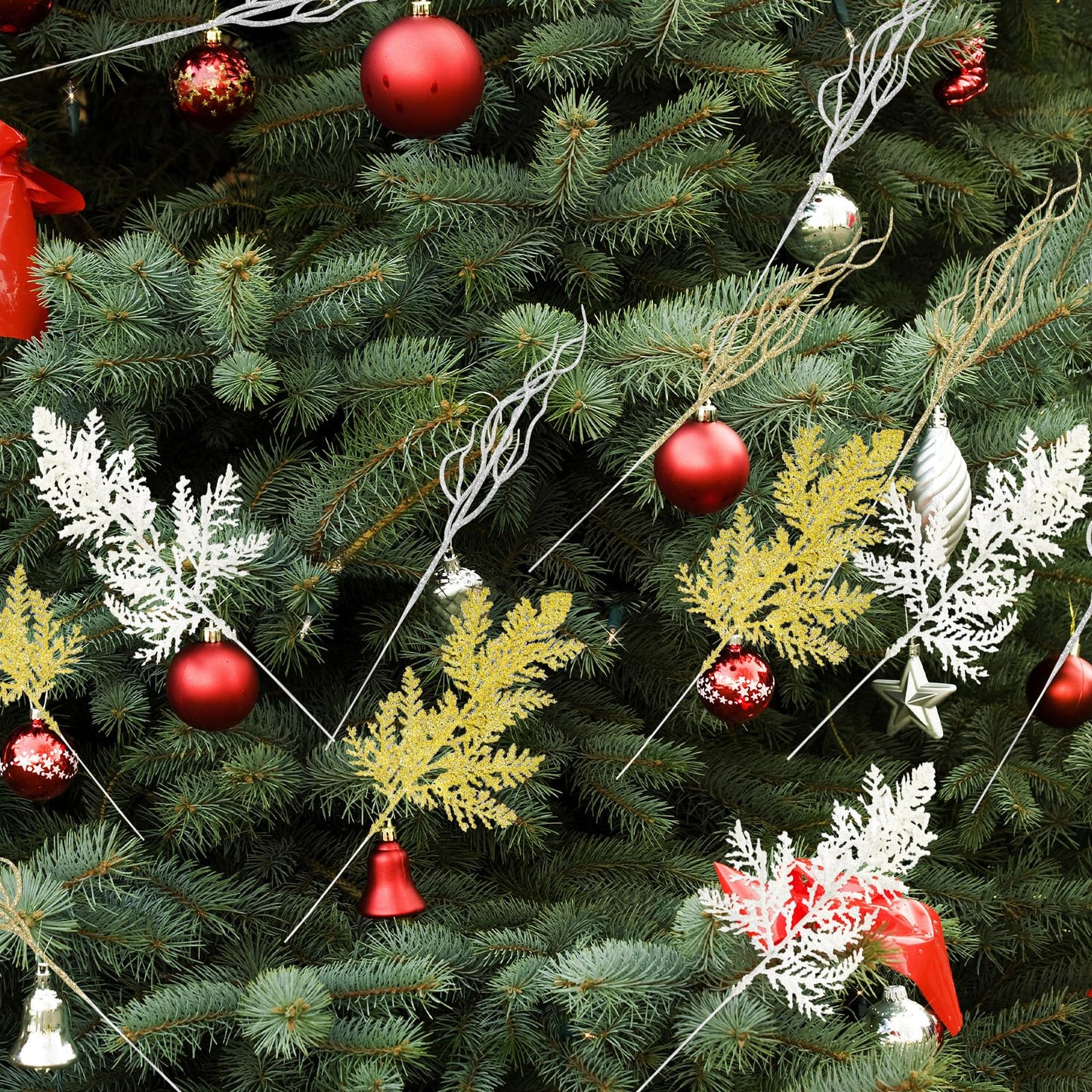 MCCVBFHH 60 Pcs Christmas Glitter Artificial Pine & Cedar Branches - Sparkly Stems Picks for Christmas Tree,Garland,Wreath,Holiday Party & Winter Home Decor
