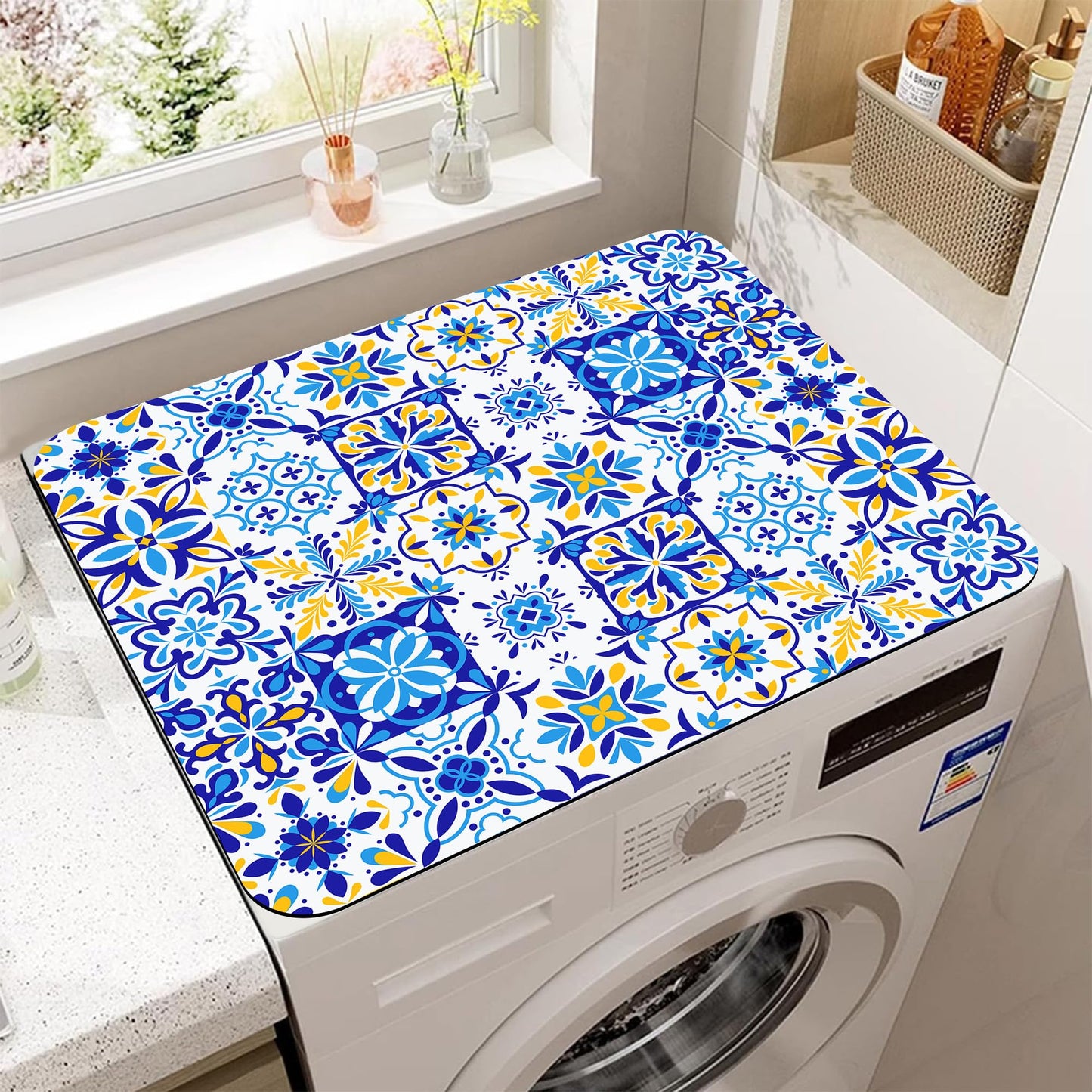 Blue and Yellow Mexican Talavera Ceramic Tile Dryer Top Protector Mat,Dust-proof Washer and Dryer Covers For The Top,Non-slip Washing Machine Dust Cover Pad for Laundry Room Home Decor,23.6"x19.7"