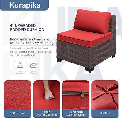 Kurapika 12 Pieces Patio Furniture Set, Rattan Wicker Sofa Set, Outdoor Conversation Sets w/Swivel Rocking Chairs Patio Sectional Sofa w/4 Inch Cushion, Red