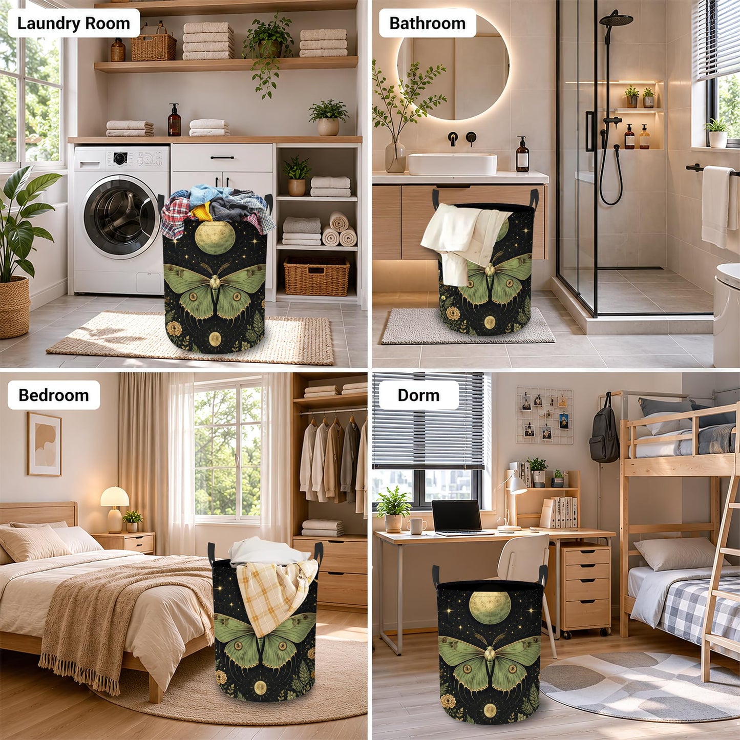 Boho Moon Moth Laundry Basket, Foldable Oxford Cloth Floral Crescent Laundry Hamper with Handles, Tote Bag Clothes Storage Bucket for Laundry Room/Bathroom/Bedroom/Dormitories 20.8"x16"