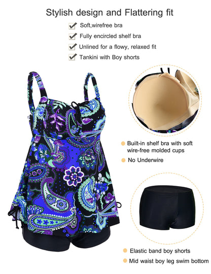 Septangle Women's Plus Size Swimsuit Floral Print Bathing Suit Two Piece Push Up Swimwear (Royal Blue,US 12)