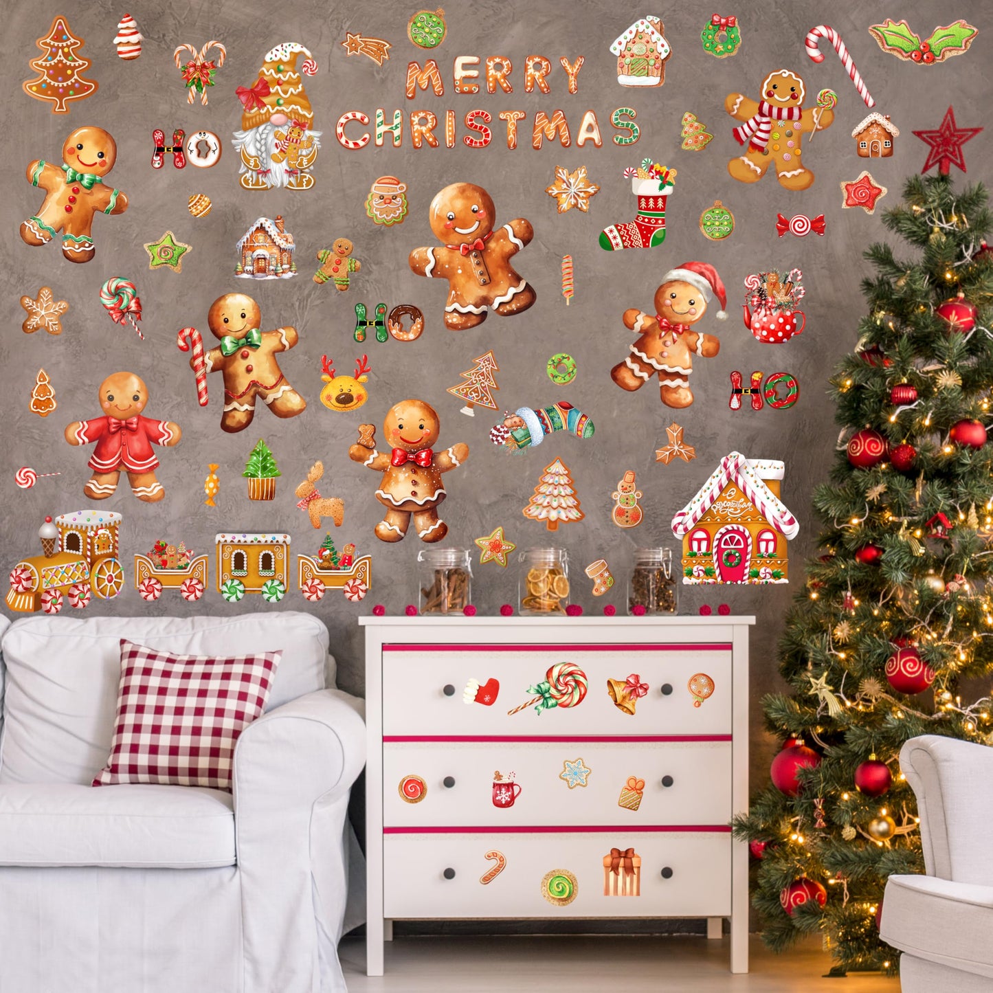 Christmas Gingerbread Wall Stickers Decoration 12 Sheets, Christmas Wall Decals Holiday Gingerbread Decor, Winter Candy Vinyl Stickers for Living Room Bedroom Home Office Decor