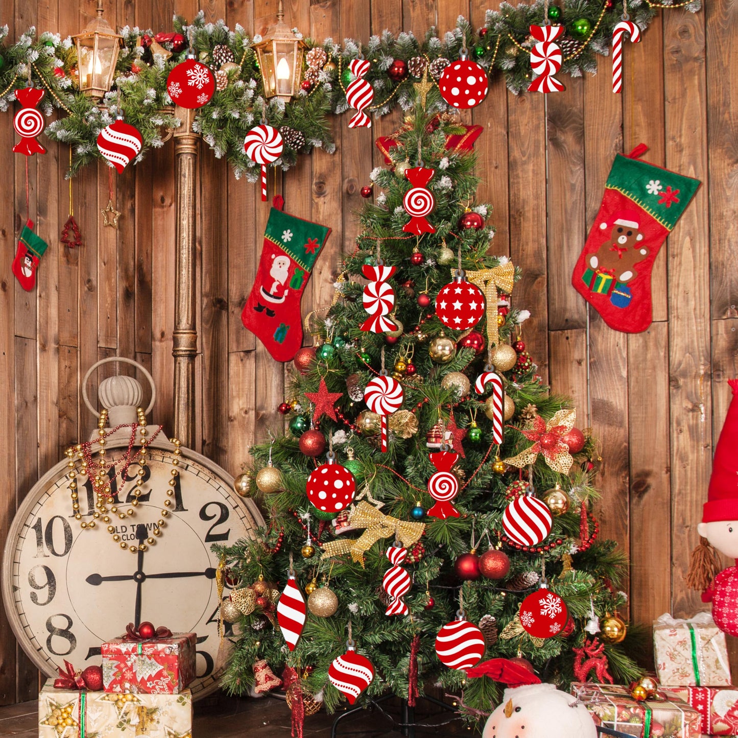 Christmas Candy Lollipop Ornaments Set -24Pcs for Xmas Tree Decoration Wooden Hanging Peppermint Candy Cane Ball Pendants for New Year Home Decor Party Supplies (Red)
