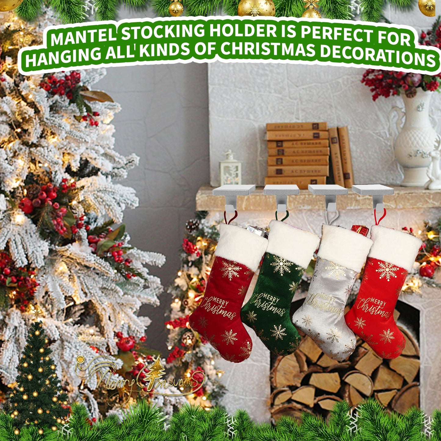 Anrgterg 4 Pcs Christmas Stocking Holders, Mantel Stocking Hangers Metal Hanging Hooks with Protective Pads for Xmas Holiday Counter Window Home Table Silver