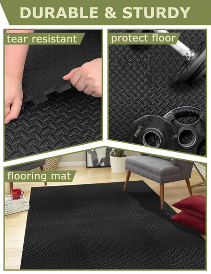 innhom Gym Flooring Gym Mats Exercise Mat for Floor Workout Mat Foam Floor Tiles for Home Gym Equipment Garage, 12 Black