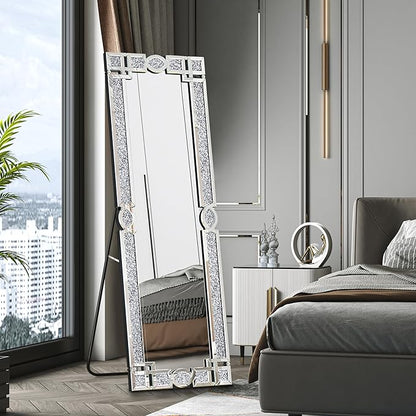 ENENE Crystal Mirrors Full 63"(H) Crushed Diamond Full Body Mirror Silver Long Floor Standing Mirror for Bedroom Living Room Bathroom Wall Mounted