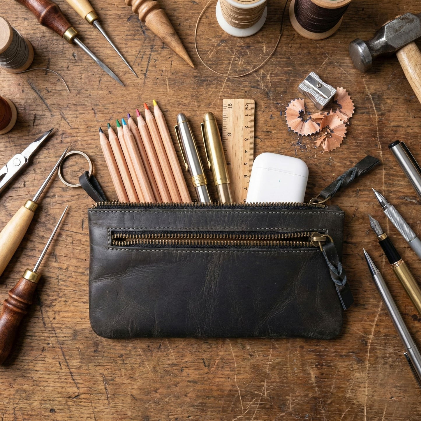 LEATHER TOWN Leather Pencil Case Pouch 8" x 4" - Leather Pen Case with Zipper (Black)