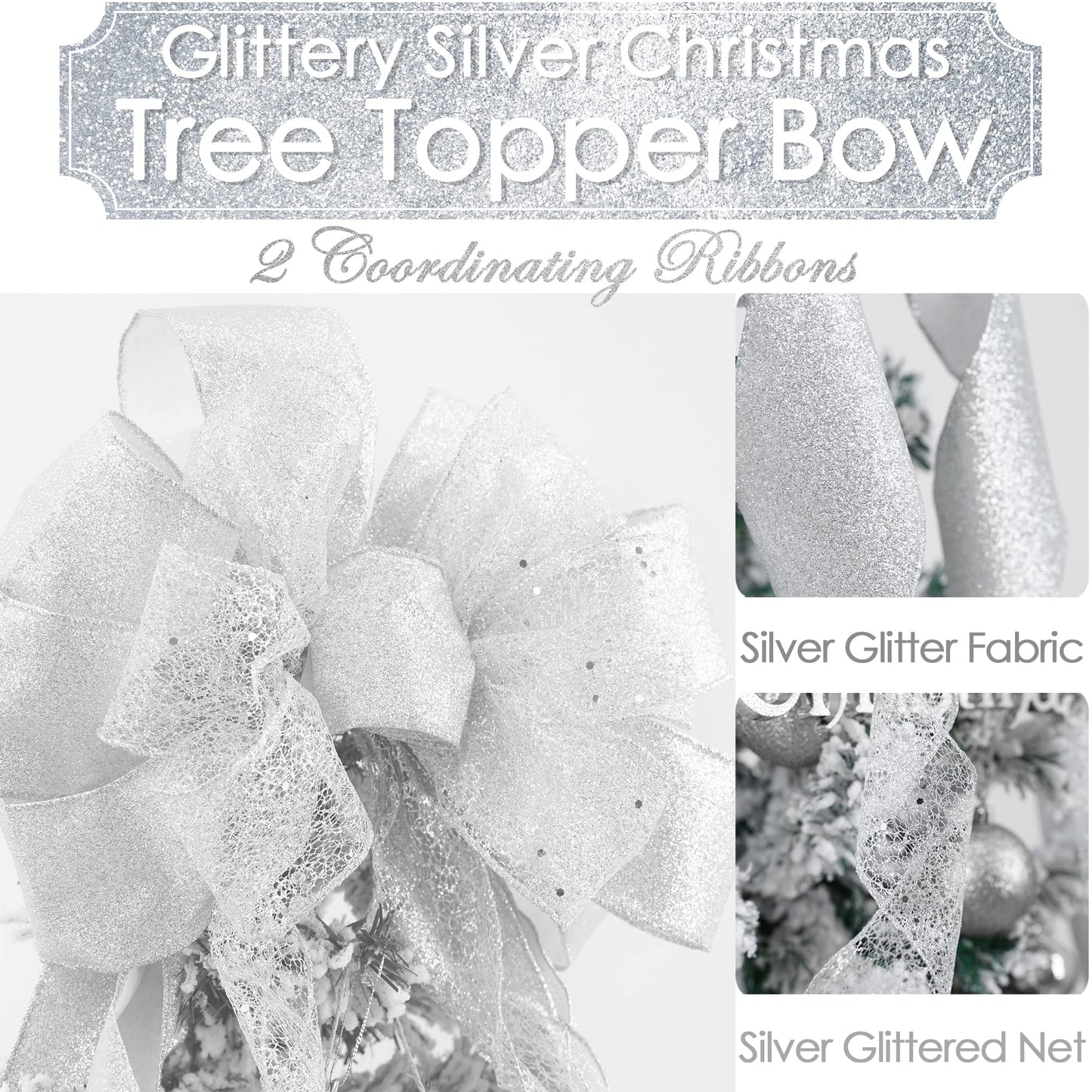 MEEDEE Silver Christmas Tree Topper Silver Glitter Christmas Bows 12" Wide Snowflake Ribbon Bow Silver Christmas Bows Silver Tree Topper Silver Bows for Christmas Tree (1 Pack)