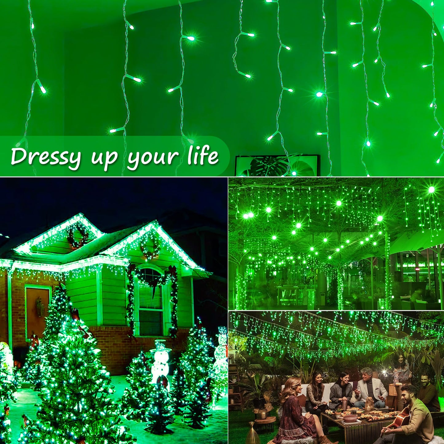 oopswow 33FT 300 LED Icicle Christmas Lights,Waterproof 8 Modes Plug in Curtain Lights with 50 Drops,Green Christmas String Lights for Indoor&Outdoor,Wedding,Party,Bedroom,Home,Wall Decorations