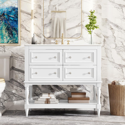 Virubi 36'' Bathroom Vanity with Single Sink, Freestanding Sink Cabinet with 4 Drawers and Open Shelf, Solid Wood Frame Bathroom Storage Cabinet