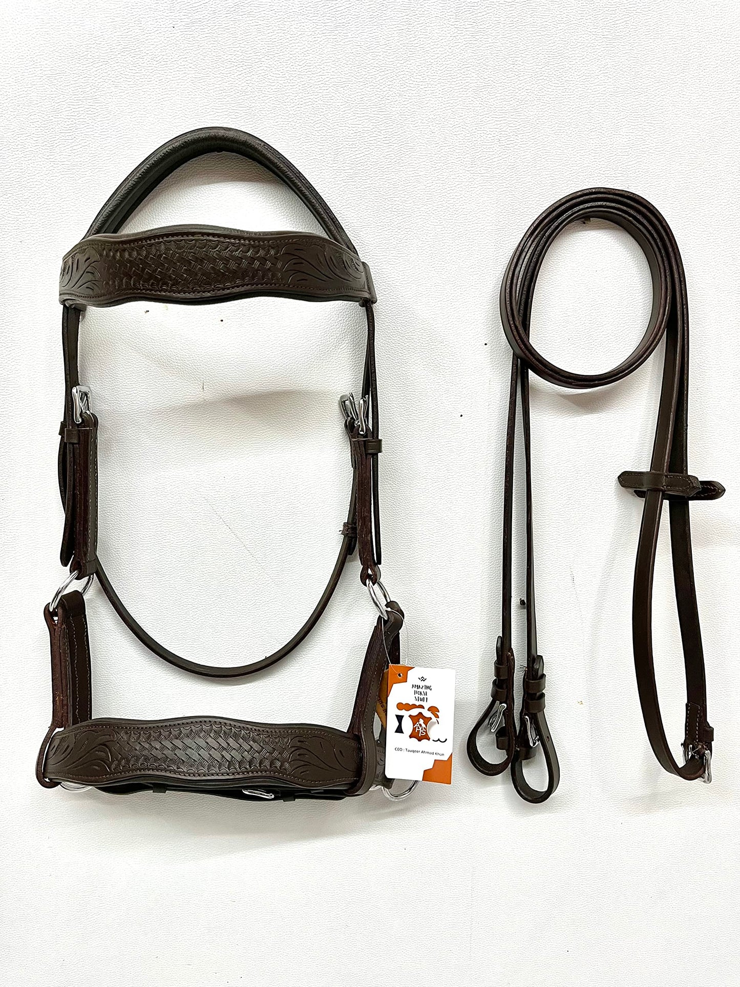 AMAZING HORSE STUFF Sidepull Bitless Bridle with Designer Hand Carving On Brow & Noseband Curved Shaped Brown (Full, Cob, Pony) (Pony)