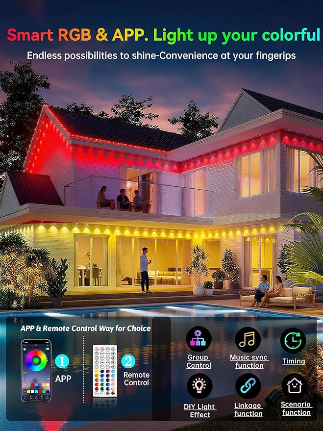 Permanent Outdoor Lights, 100FT RGB IP67 Waterproof Eaves Lighting, Smart LED Outside House Lights with App/Remote Control for Halloween, Christmas Decor, Holiday, Party, Daily, All Year-Round