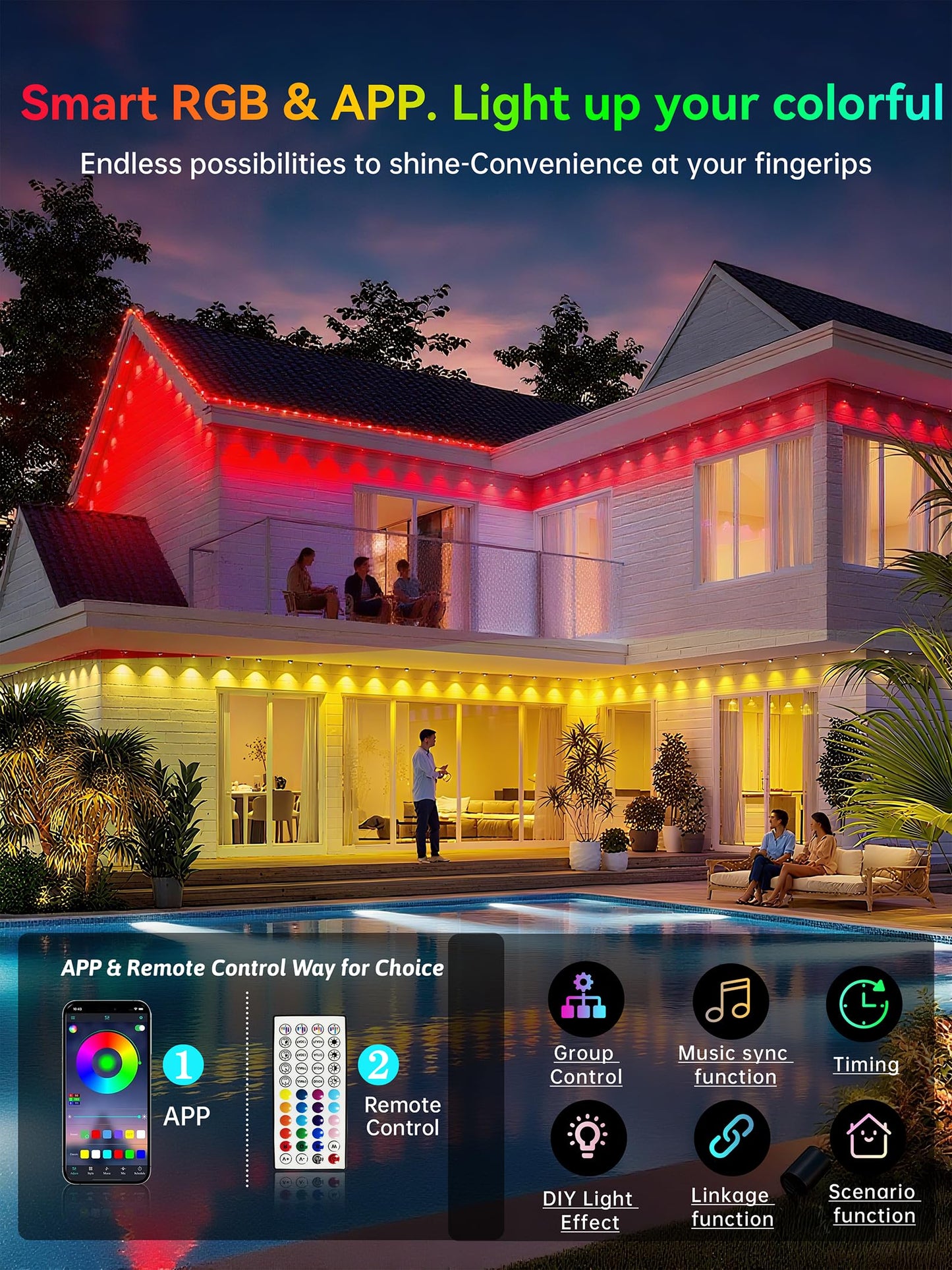 Permanent Outdoor Lights, 350FT RGB IP67 Waterproof Eaves Lighting, Smart LED Outside House Lights with App/Remote Control for Halloween, Christmas Decor, Holiday, Party, Daily, All Year-Round