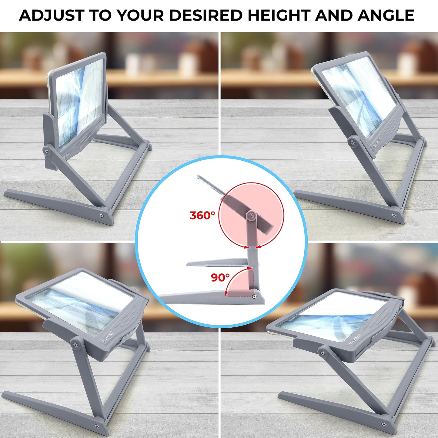 MAGNIPROS Patented 5X [Rechargeable] LED Page Magnifier with Foldable Stand | Eye Caring 3-Color Light Modes & Anti-Glare Lens for Reading Fine Print, Crafting, Low Vision & Seniors