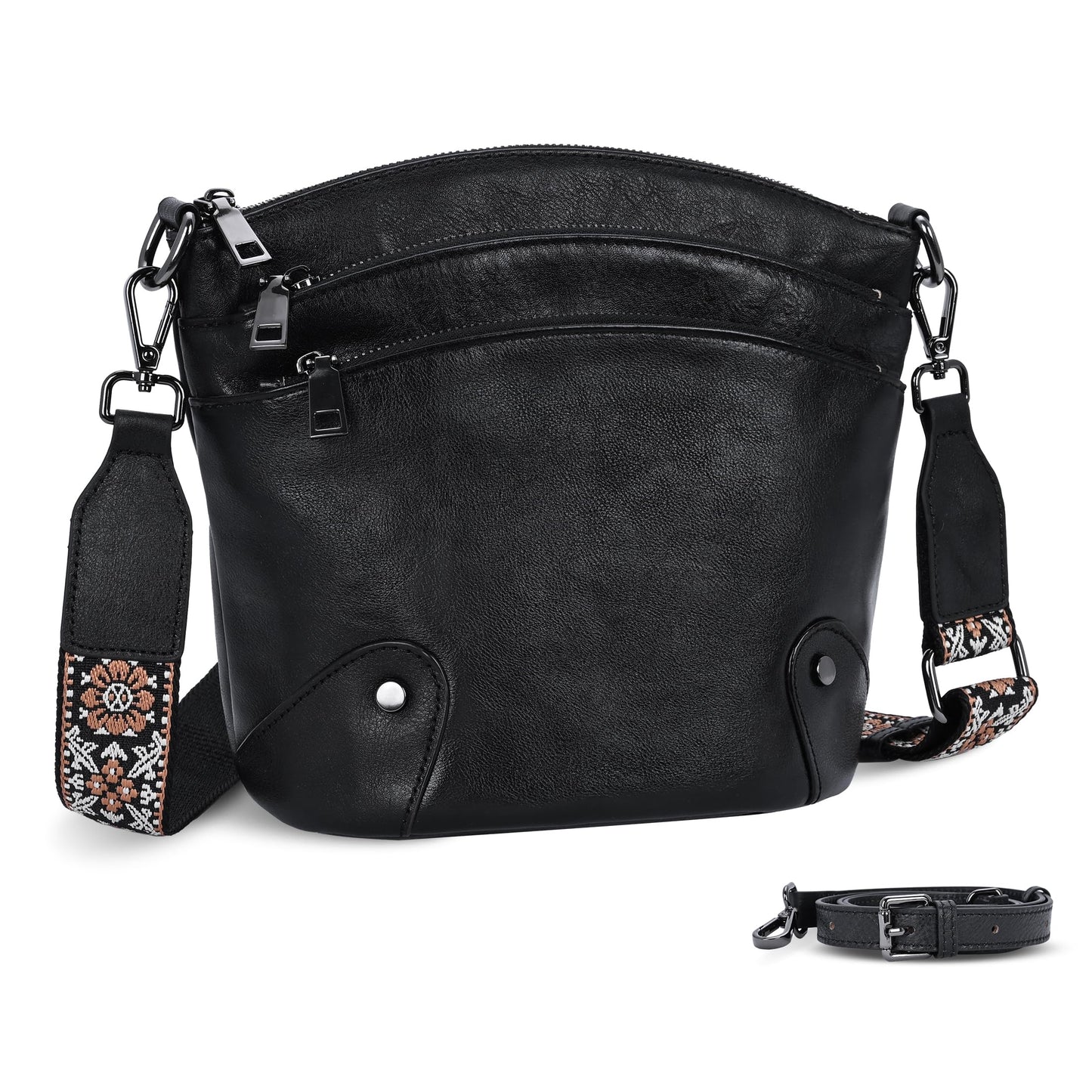 HESHE Crossbody Bags Leather Purses for Women Vintage Shoulder Handbags with Multi Pockets Cross Body Purses for Travel (Black)