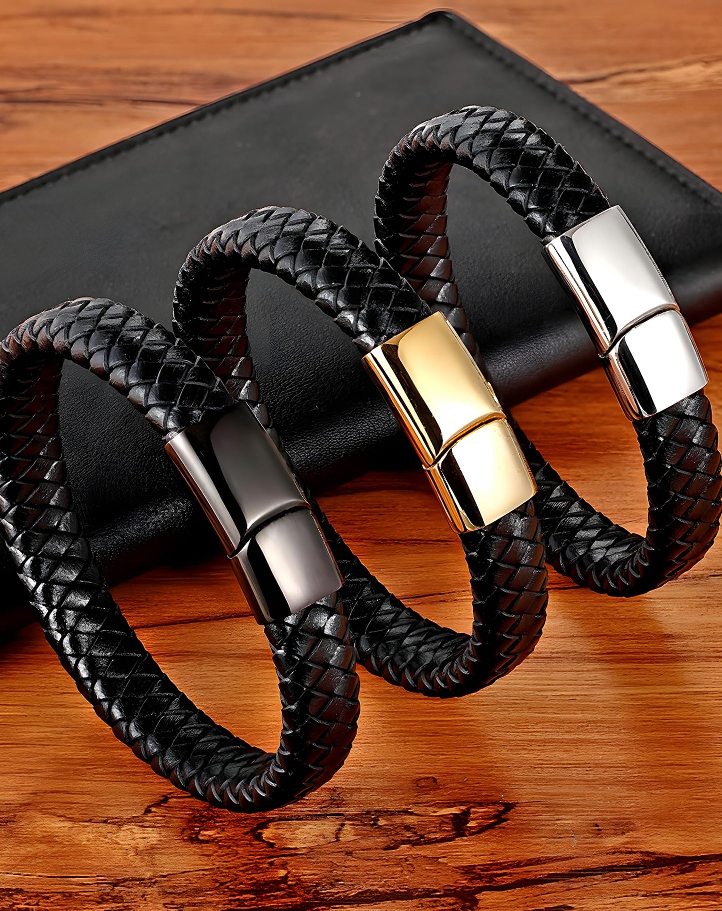 Deerllia Leather Bracelet for Men, Braided Cuff with Stainless Steel Clasp Stacked Multi Style Color Anniversary Father's Day Birthday Christmas Jewelry Gifts for Him, Black Clasp Black Leather