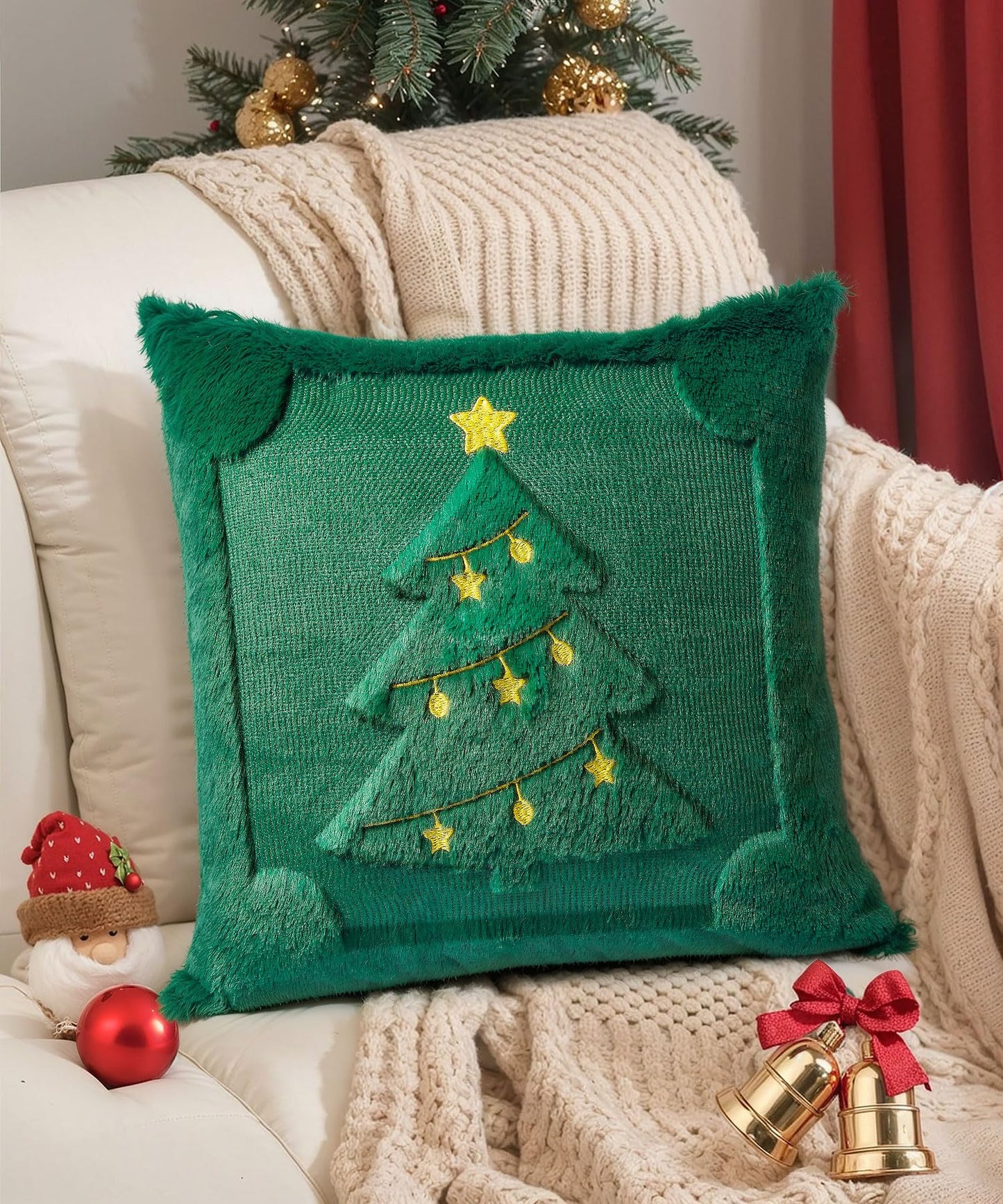SEGXCFL Christmas Pillow Covers Set of 2 Soft Plush Faux Fur Pillow Cases 3D Embroidered Decorative Couch Cover Home Decor Christmas Throw Pillow Covers 18x18,Green Christmas Tree
