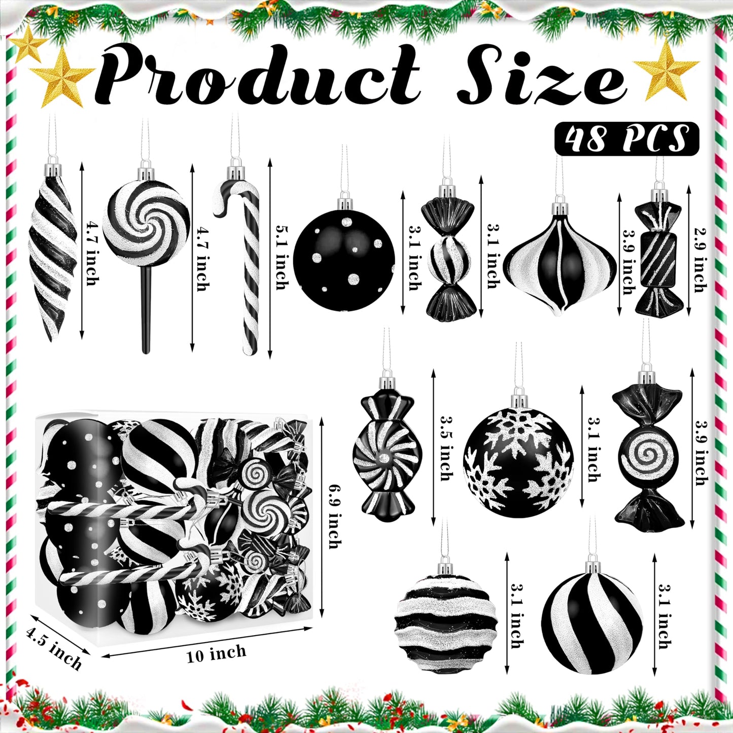 Candy Christmas Ornaments Set, Candy Cane Ornaments for Christmas Tree, Black Christmas Tree Decor 48pcs