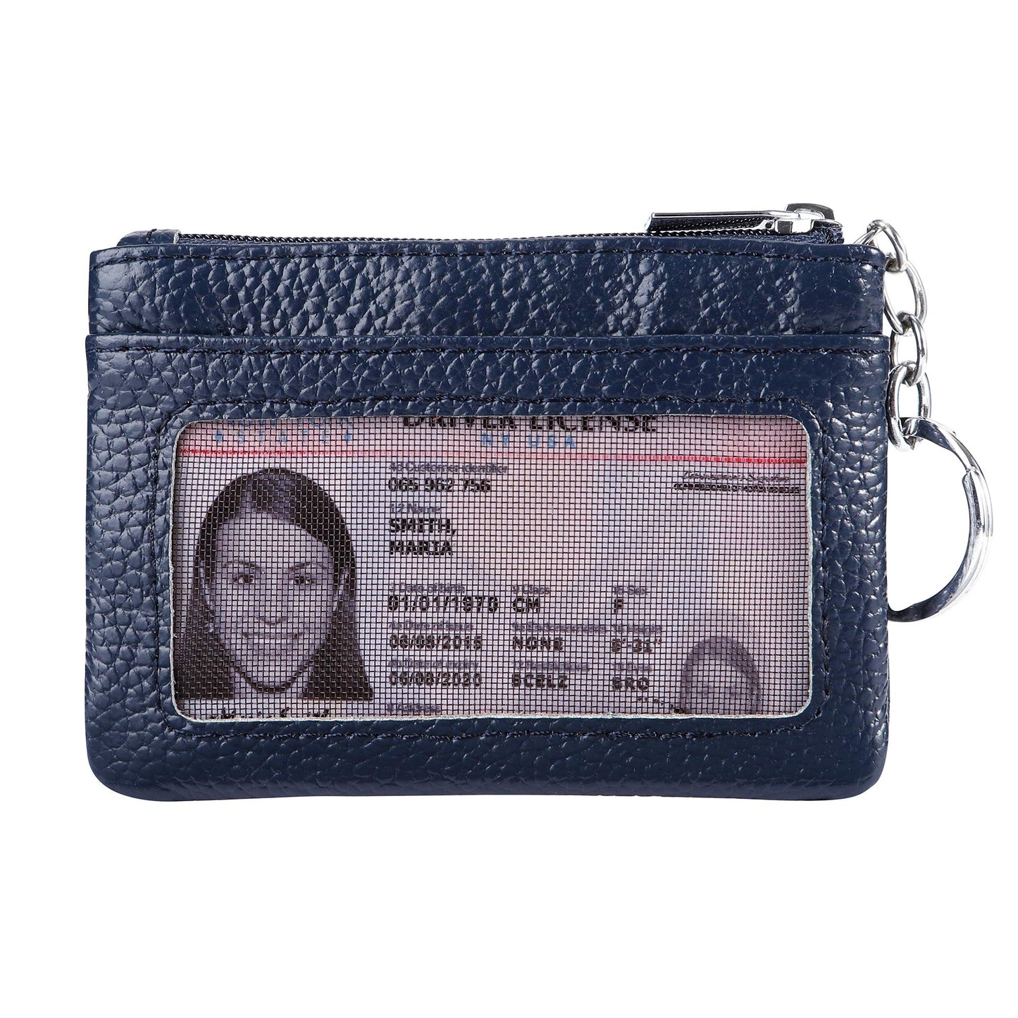 Women Genuine Leather Keychain Zipper Change Wallet Small Mini Pocket Size Coin Purse, Navy