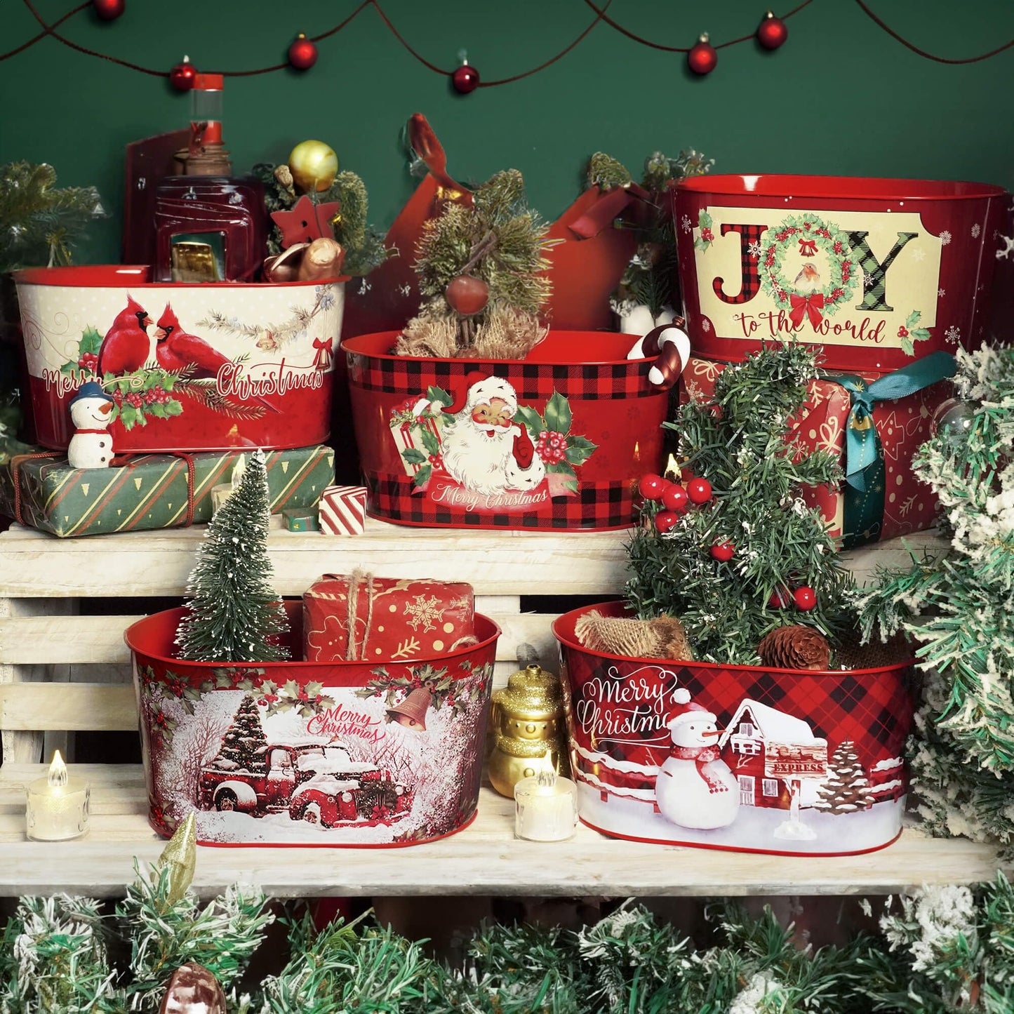 Putuo Decor Christmas Theme Metal Buckets, Christmas Decorations Garden Planter Pots, Galvanized Small Bucket Pails for Party Home Table Centerpieces Storage Decor