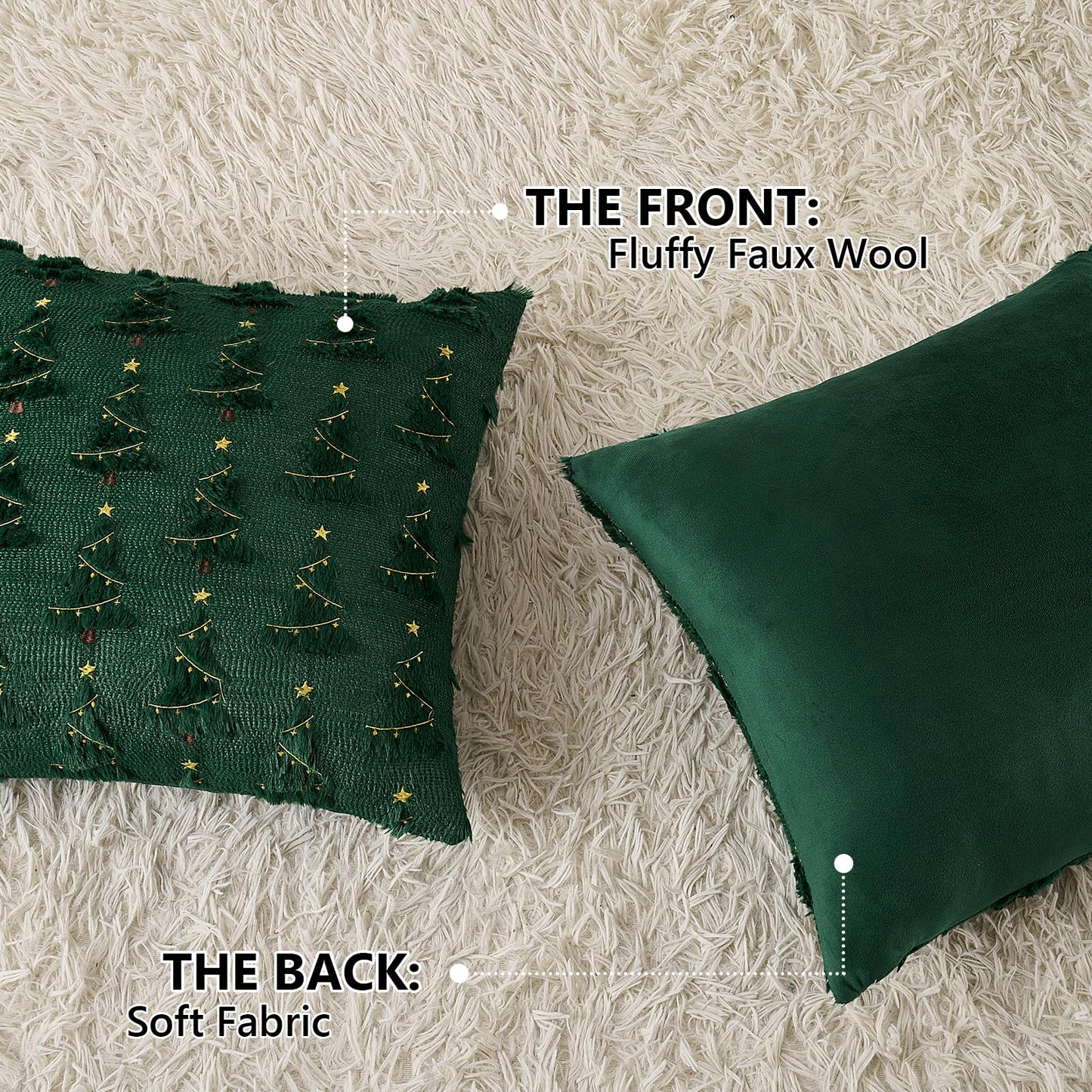 Emvency Christmas Throw Pillow Covers 18x18 Set of 2, Green Xmax Tree Golden Star Lights Decorative Pillow Cases Soft Plush Faux Fur Wool Couch Cushion Case for Couch Bed Sofa Living Room Home Decor