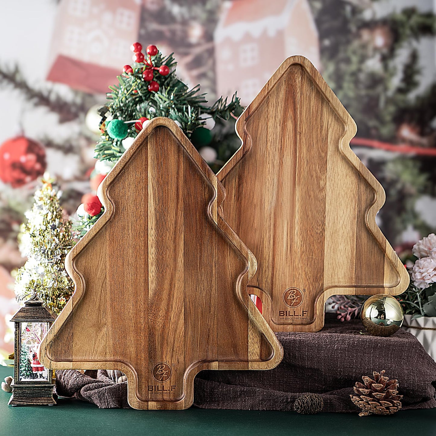 BF BILL.F SINCE 1983 Wooden Serving Tray - Decorative Serving Platters and Trays Set of 2 Christmas Tree Shape Wood Platters for Entertaining, Breakfast, Coffee Table, Home Decor